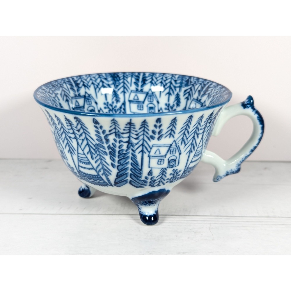 Creative Co-Op Blue & White Footed Tea Cup Mug Winter Forest Village Scene